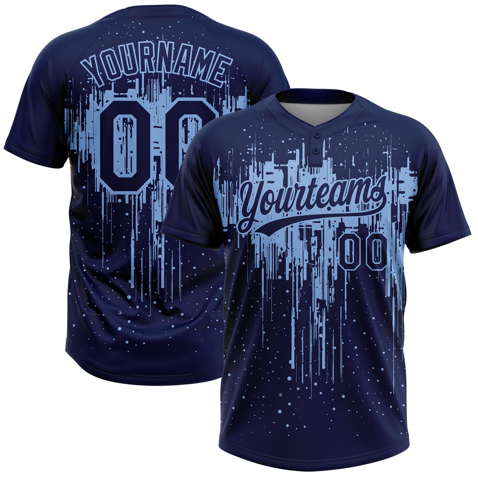 Custom Navy Light Blue Dripping Splatter Paint Two-Button Unisex Softball Jersey - Main View