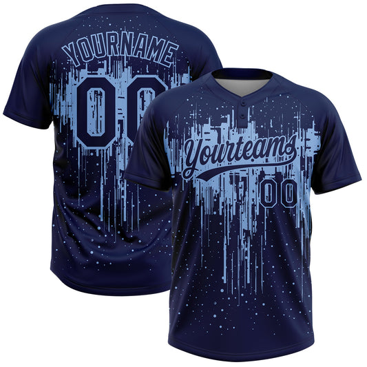 Custom Navy Light Blue Dripping Splatter Paint Two-Button Unisex Softball Jersey - Main View