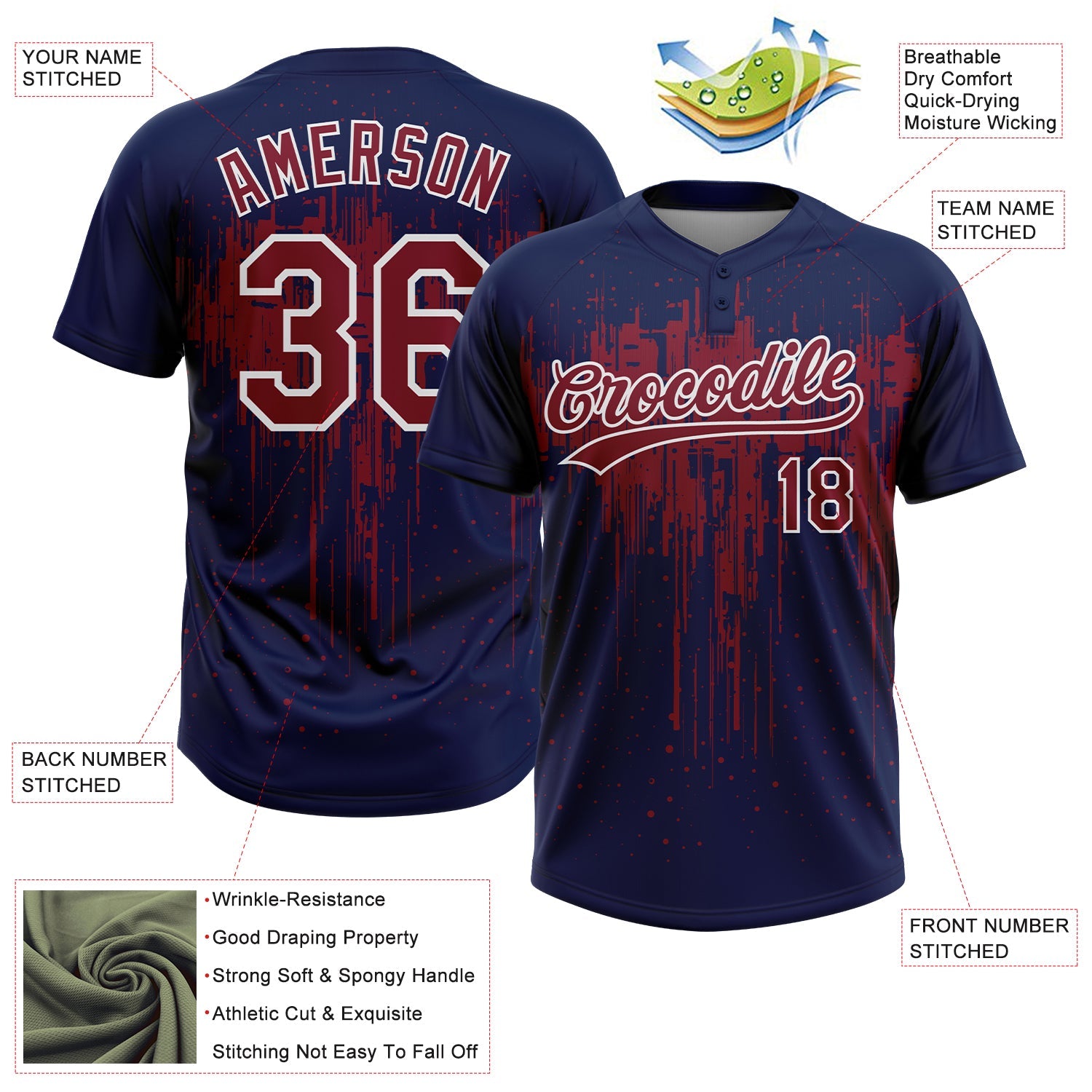Custom Navy Crimson-White Dripping Splatter Paint Two-Button Unisex Softball Jersey view 3