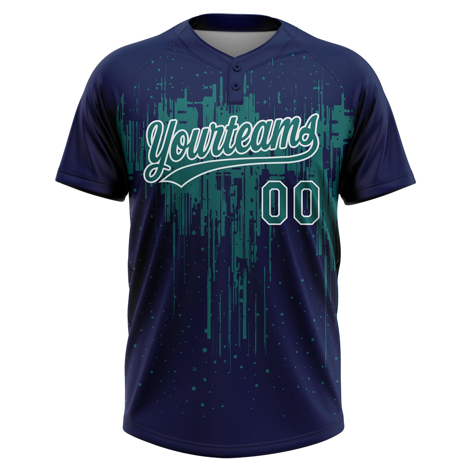 Custom Navy Teal-White Dripping Splatter Paint Two-Button Unisex Softball Jersey view 2