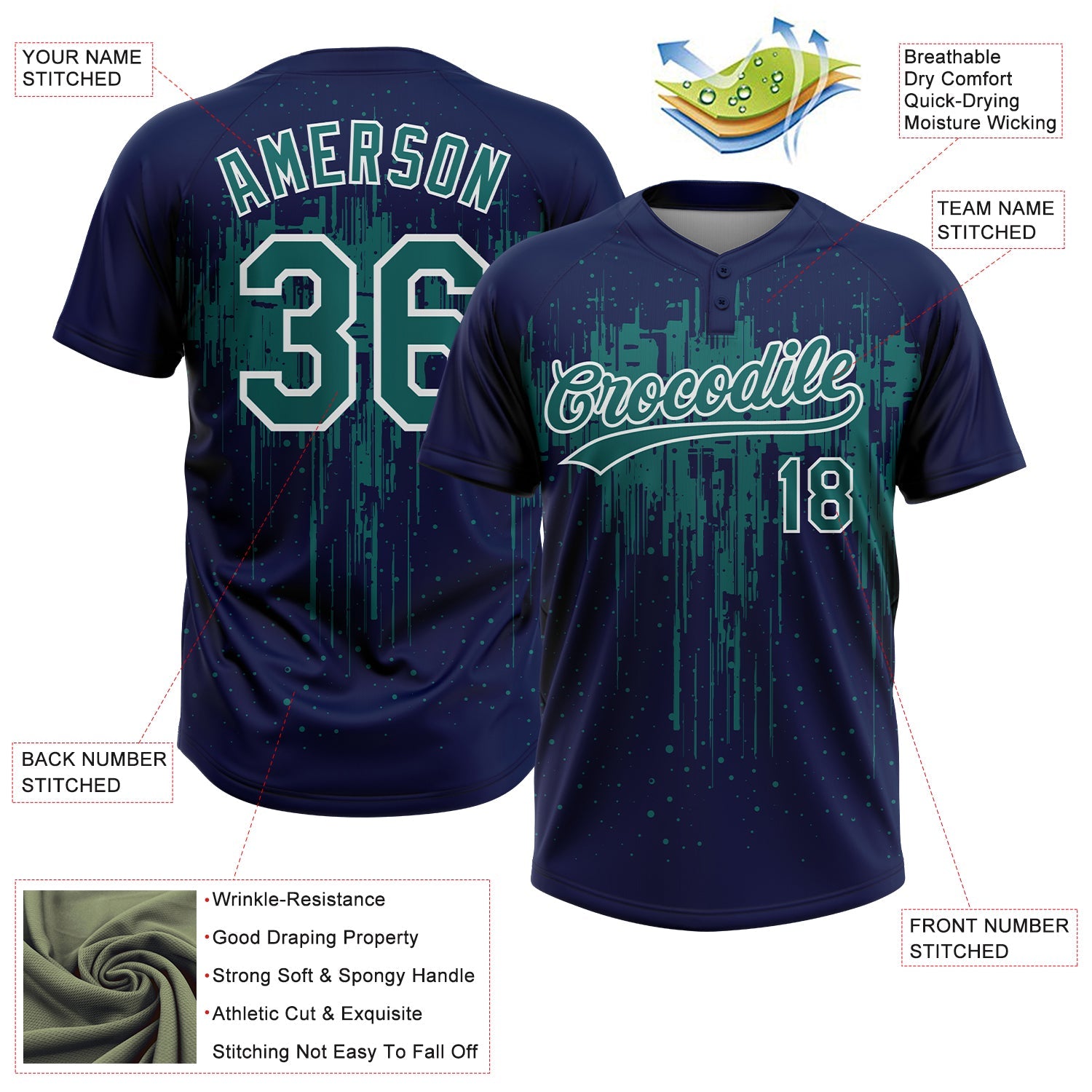 Custom Navy Teal-White Dripping Splatter Paint Two-Button Unisex Softball Jersey view 3