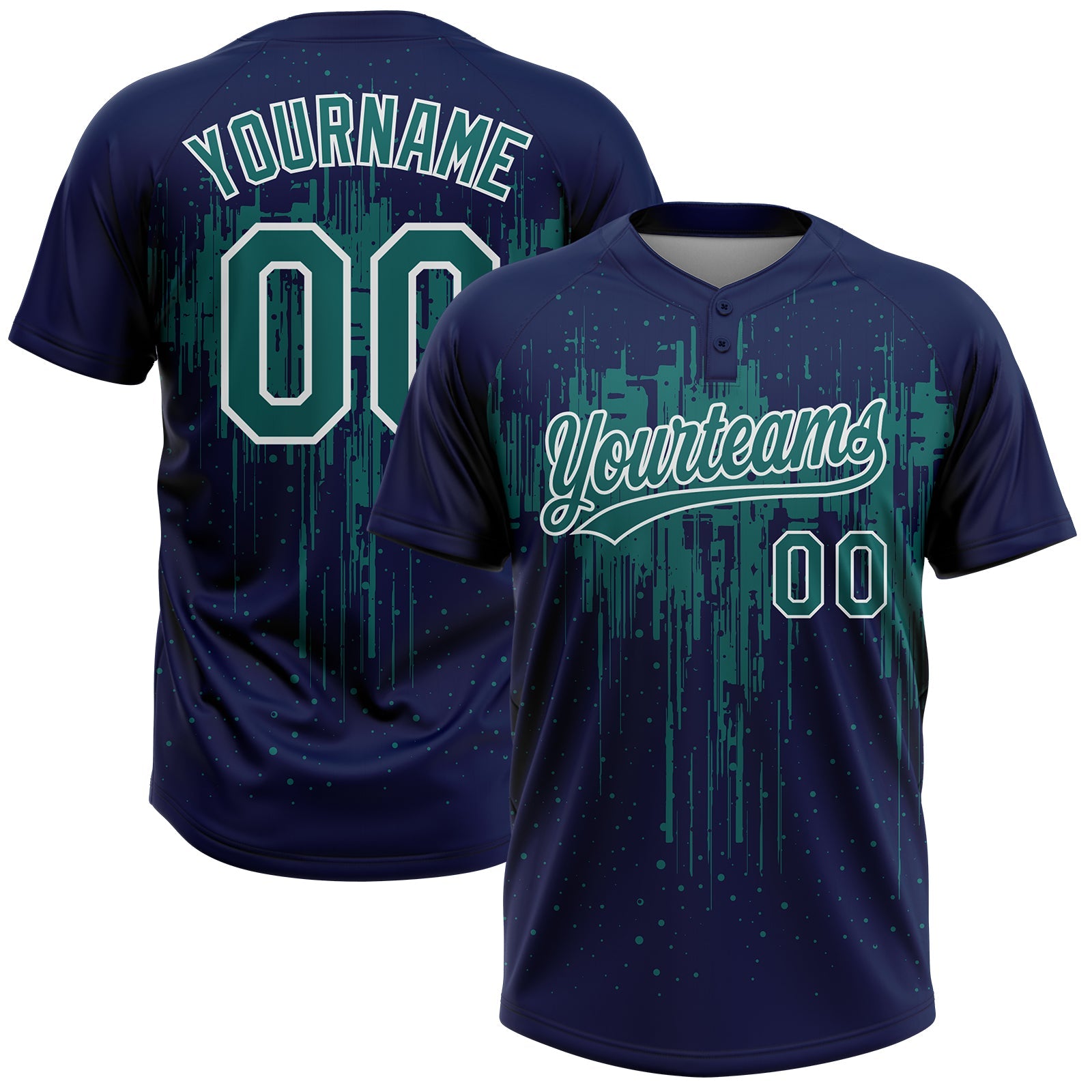 Custom Navy Teal-White Dripping Splatter Paint Two-Button Unisex Softball Jersey - Main View