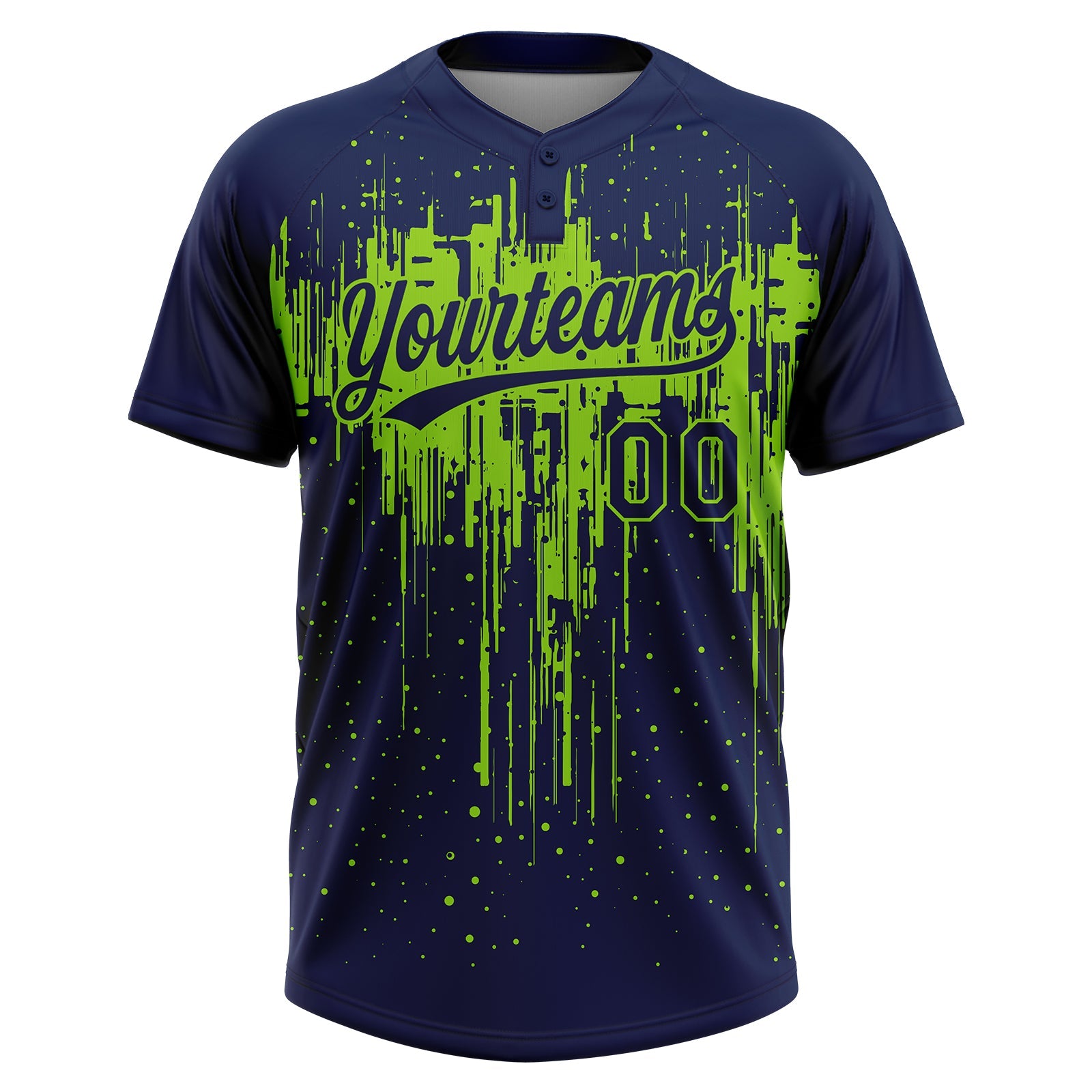 Custom Navy Neon Green Dripping Splatter Paint Two-Button Unisex Softball Jersey view 2