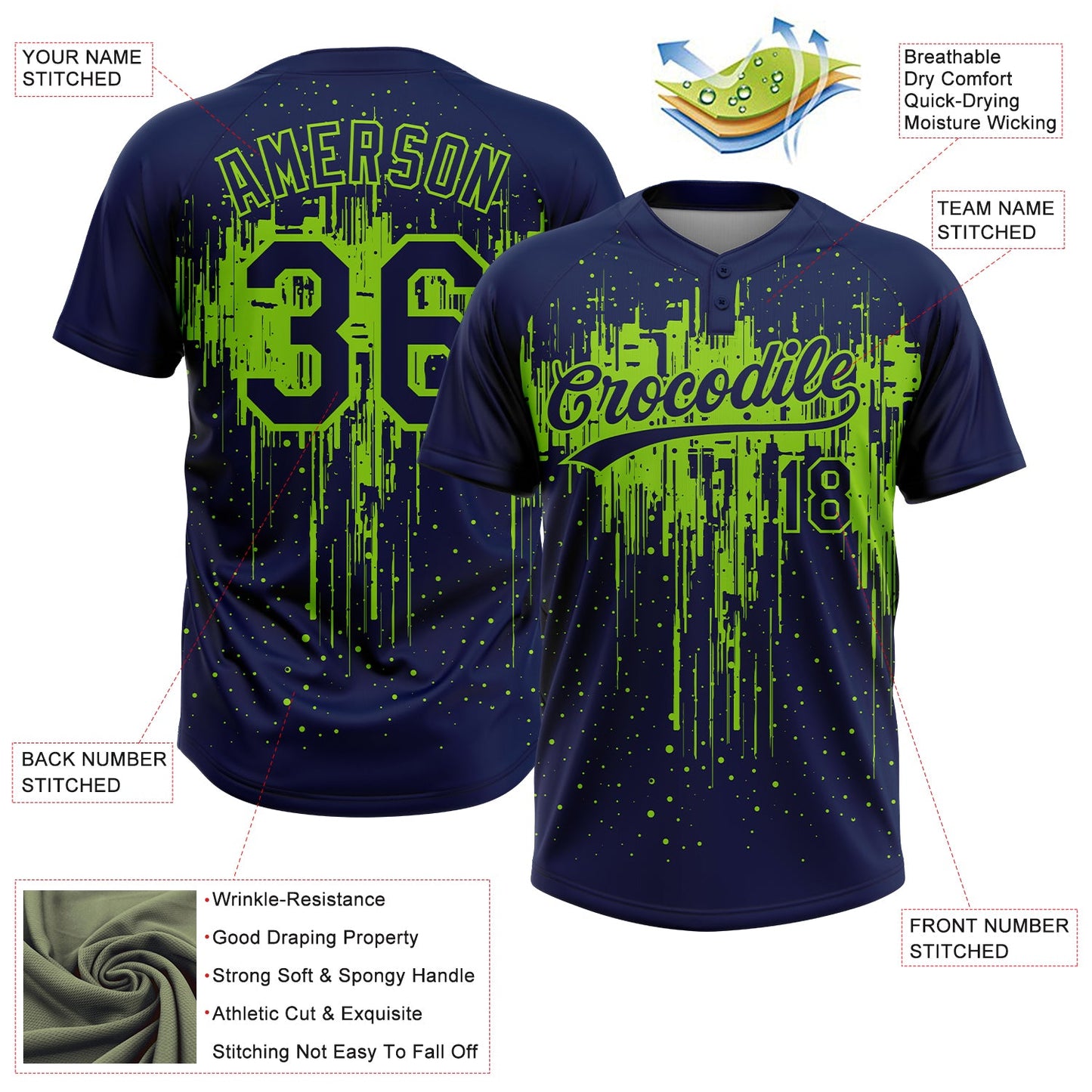 Custom Navy Neon Green Dripping Splatter Paint Two-Button Unisex Softball Jersey view 3