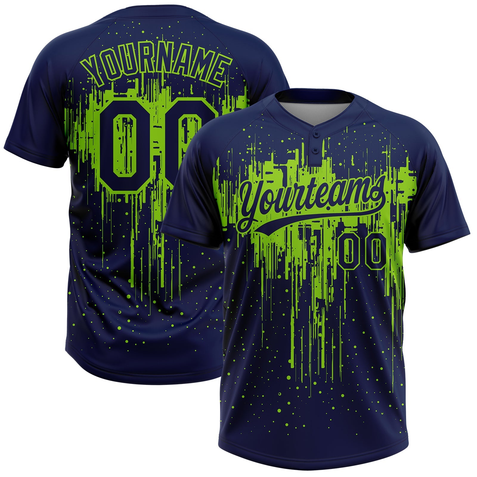 Custom Navy Neon Green Dripping Splatter Paint Two-Button Unisex Softball Jersey - Main View