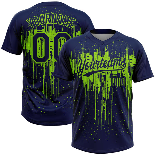 Custom Navy Neon Green Dripping Splatter Paint Two-Button Unisex Softball Jersey - Main View