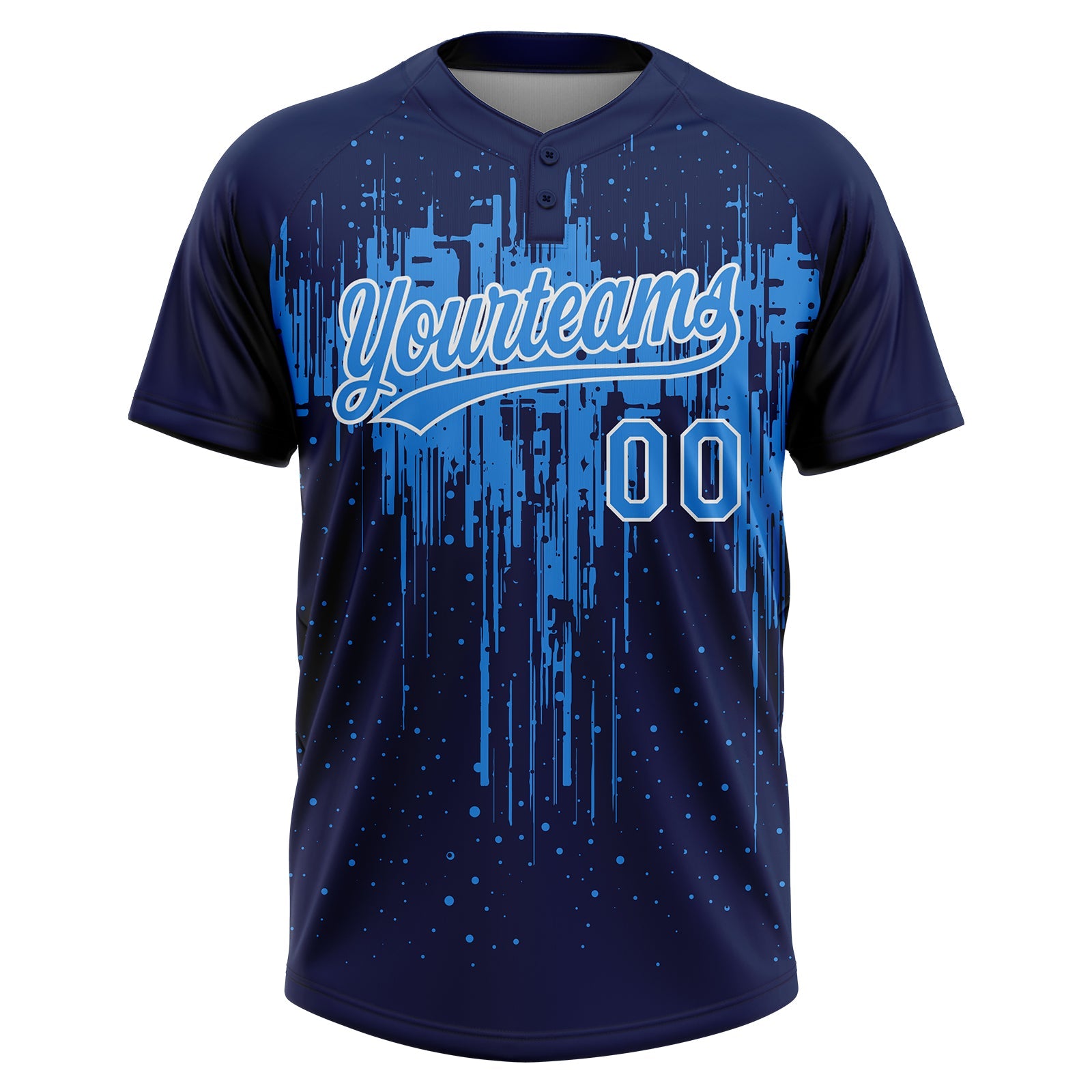 Custom Navy Electric Blue-White Dripping Splatter Paint Two-Button Unisex Softball Jersey view 2