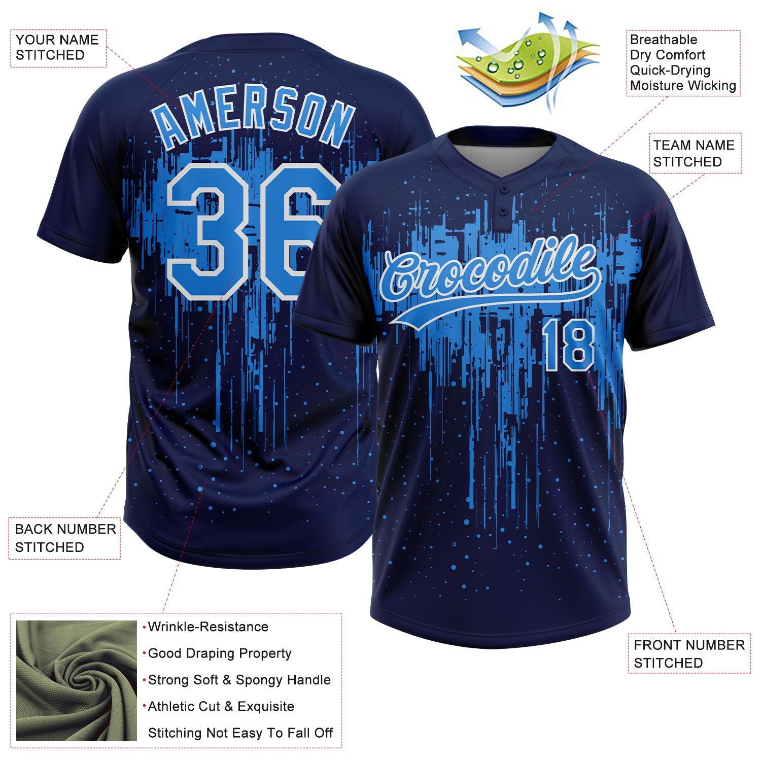 Custom Navy Electric Blue-White Dripping Splatter Paint Two-Button Unisex Softball Jersey view 3