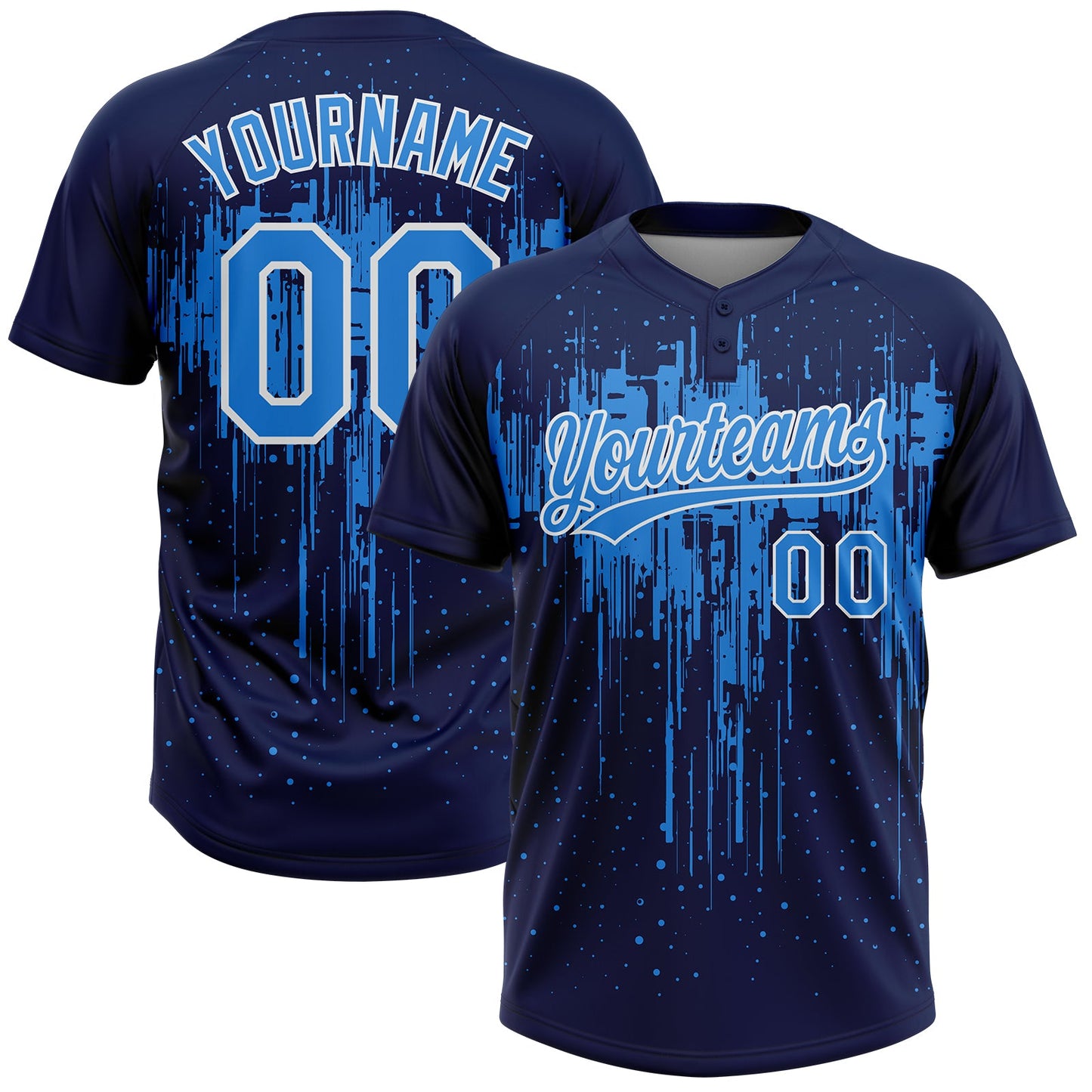 Custom Navy Electric Blue-White Dripping Splatter Paint Two-Button Unisex Softball Jersey - Main View