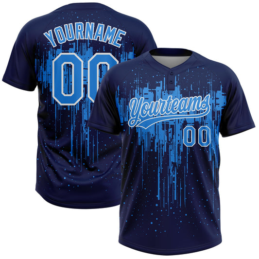 Custom Navy Electric Blue-White Dripping Splatter Paint Two-Button Unisex Softball Jersey - Main View
