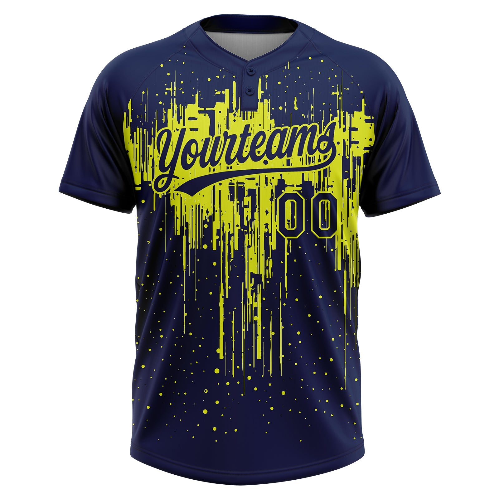 Custom Navy Neon Yellow Dripping Splatter Paint Two-Button Unisex Softball Jersey view 2