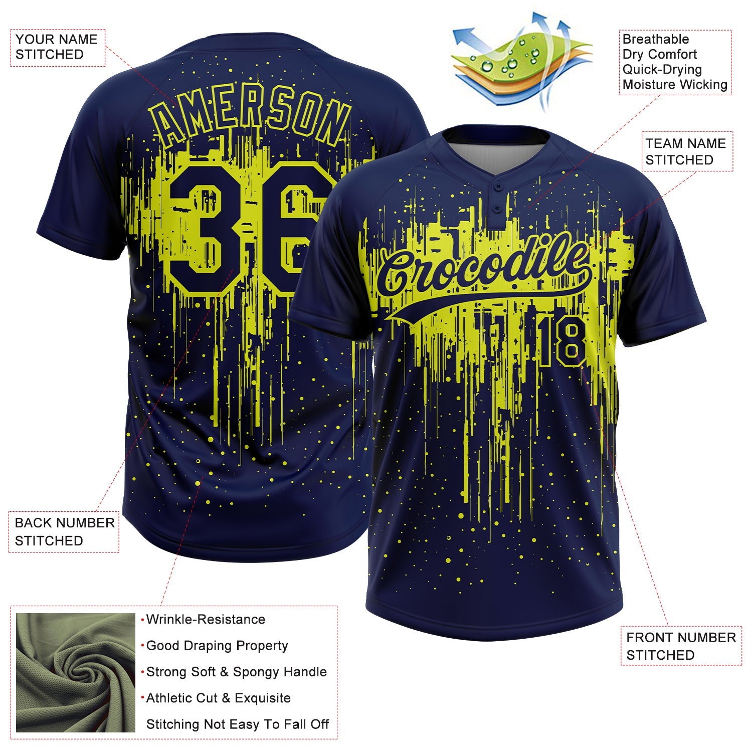 Custom Navy Neon Yellow Dripping Splatter Paint Two-Button Unisex Softball Jersey view 3