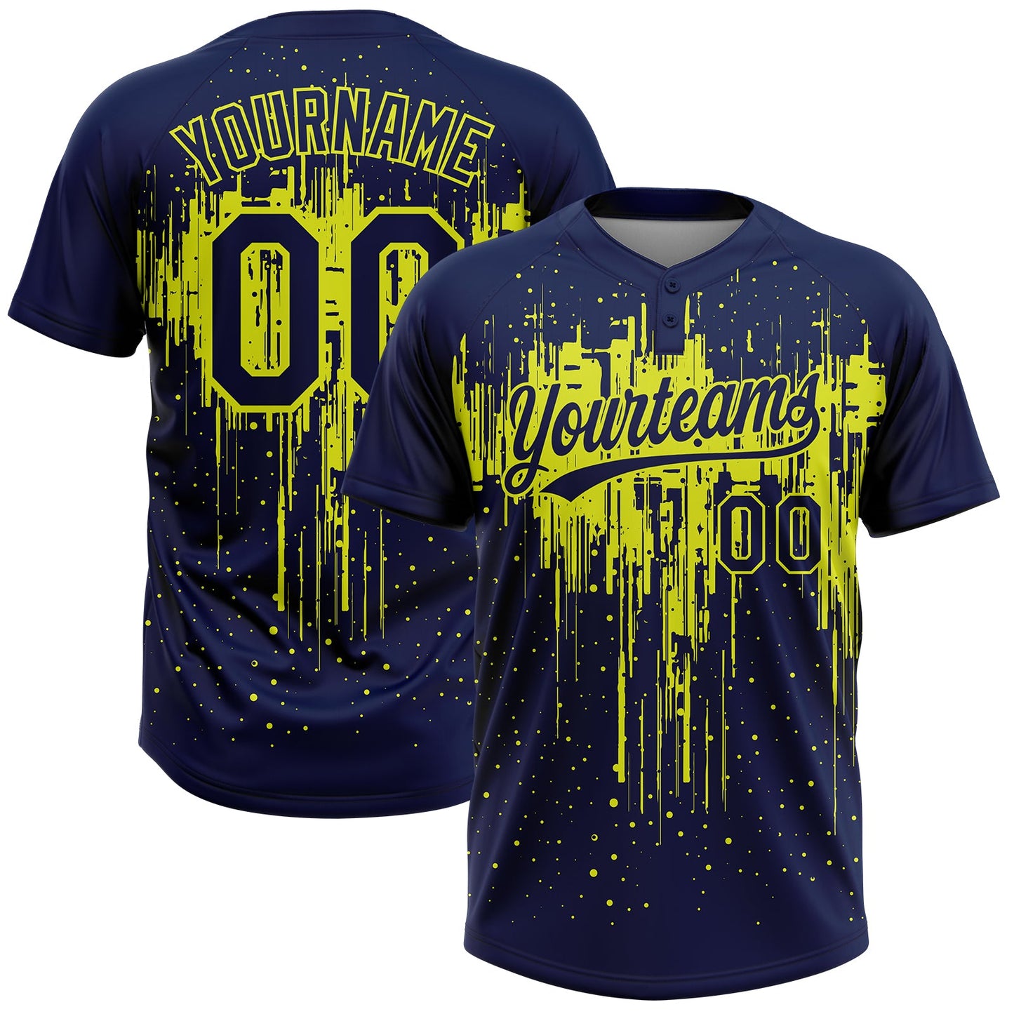 Custom Navy Neon Yellow Dripping Splatter Paint Two-Button Unisex Softball Jersey - Main View