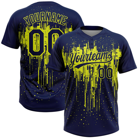 Custom Navy Neon Yellow Dripping Splatter Paint Two-Button Unisex Softball Jersey - Main View