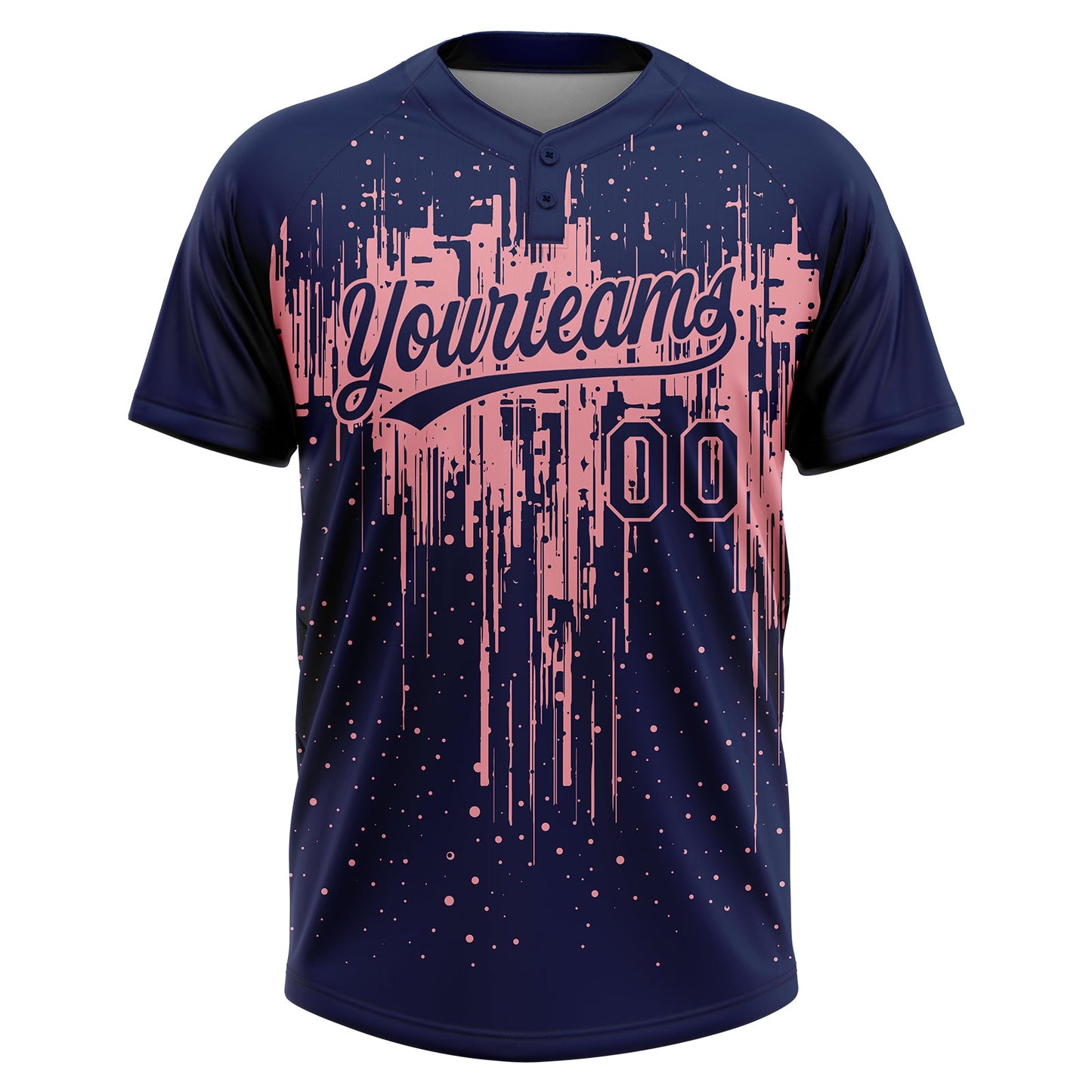 Custom Navy Medium Pink Dripping Splatter Paint Two-Button Unisex Softball Jersey view 2