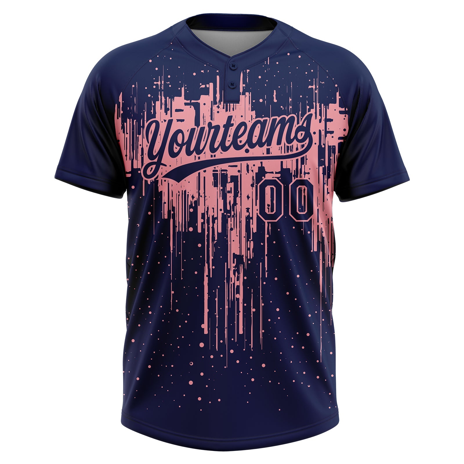 Custom Navy Medium Pink Dripping Splatter Paint Two-Button Unisex Softball Jersey view 2