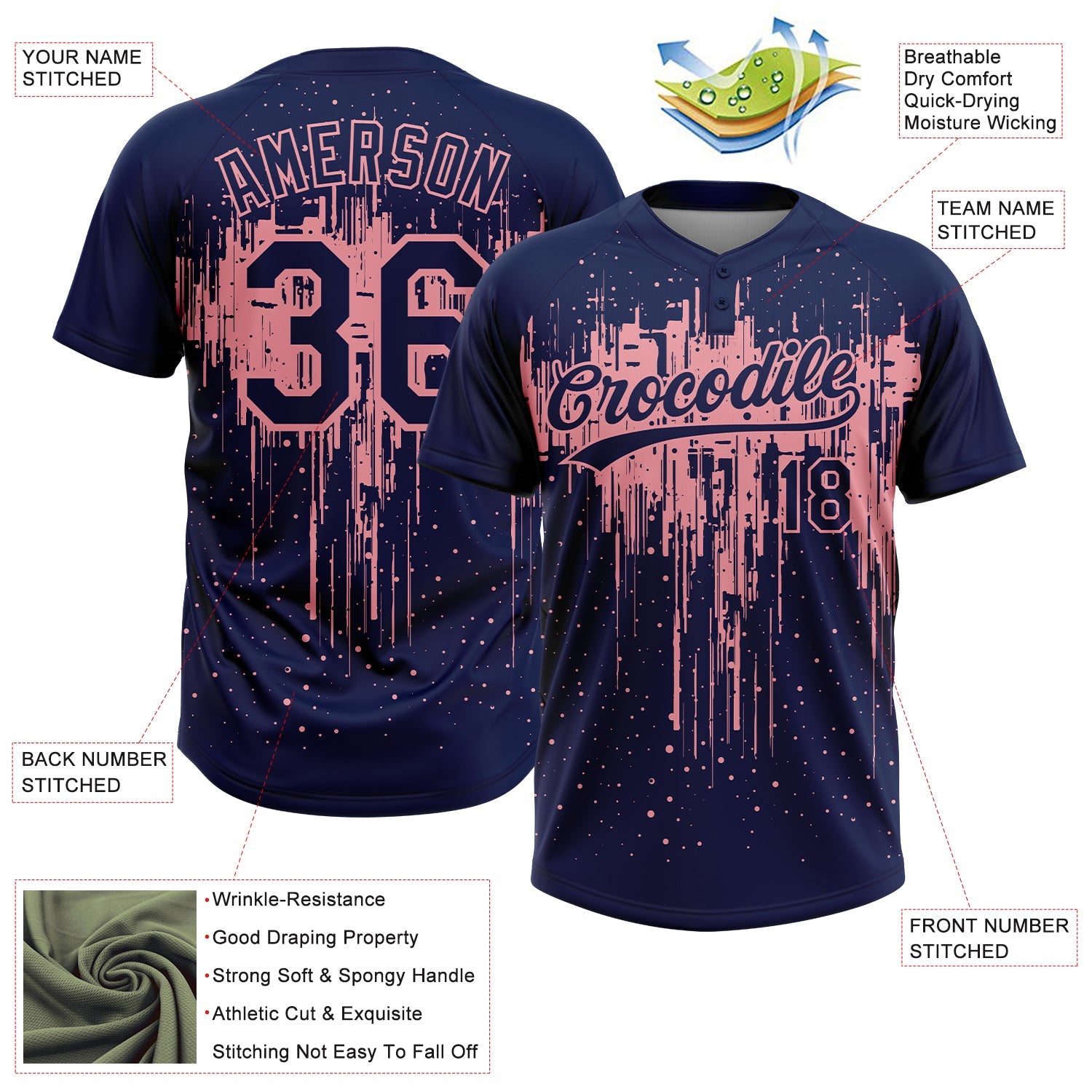 Custom Navy Medium Pink Dripping Splatter Paint Two-Button Unisex Softball Jersey view 3
