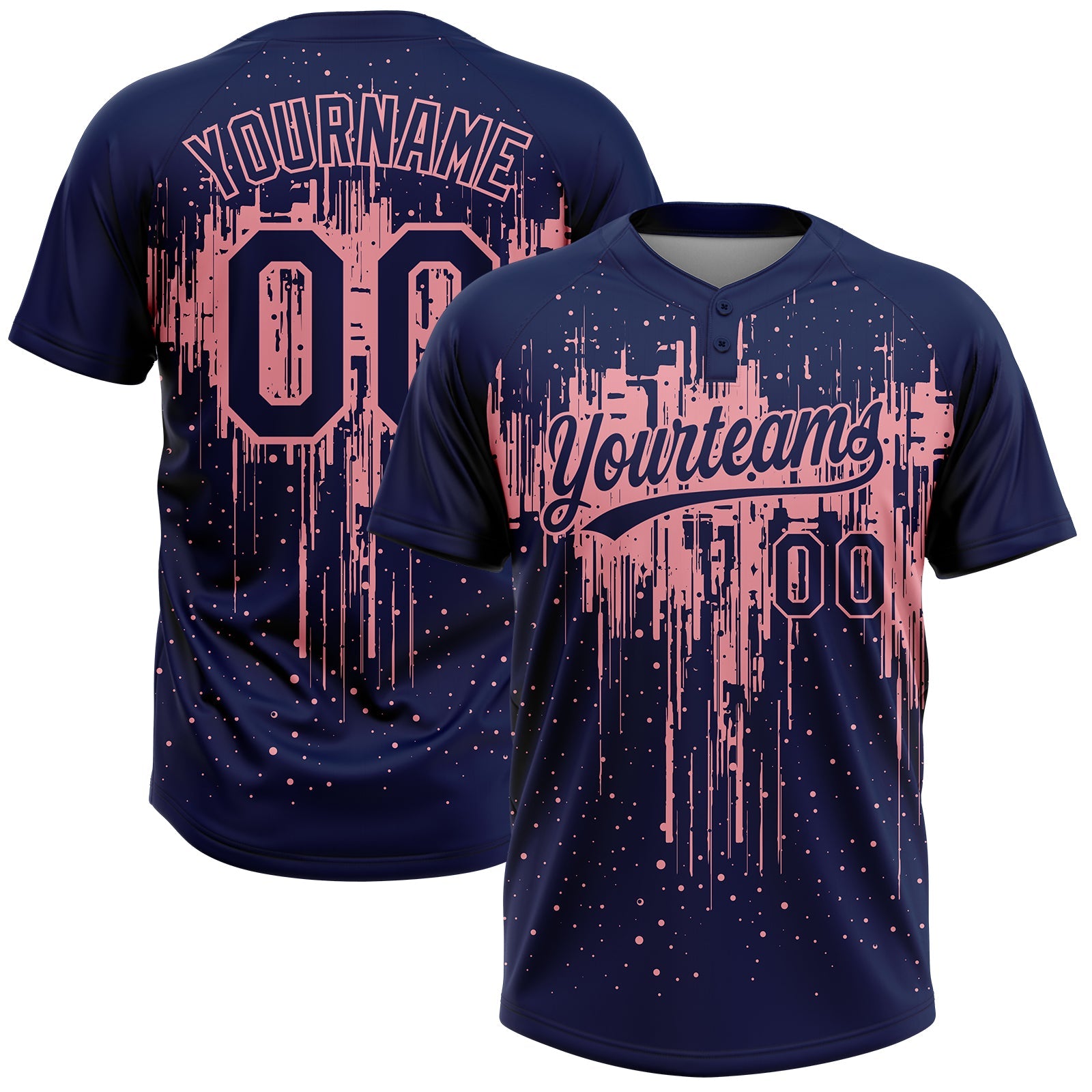 Custom Navy Medium Pink Dripping Splatter Paint Two-Button Unisex Softball Jersey - Main View