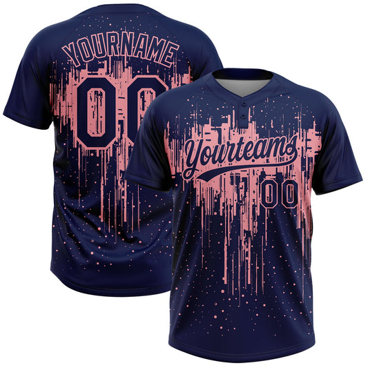 Custom Navy Medium Pink Dripping Splatter Paint Two-Button Unisex Softball Jersey - Main View