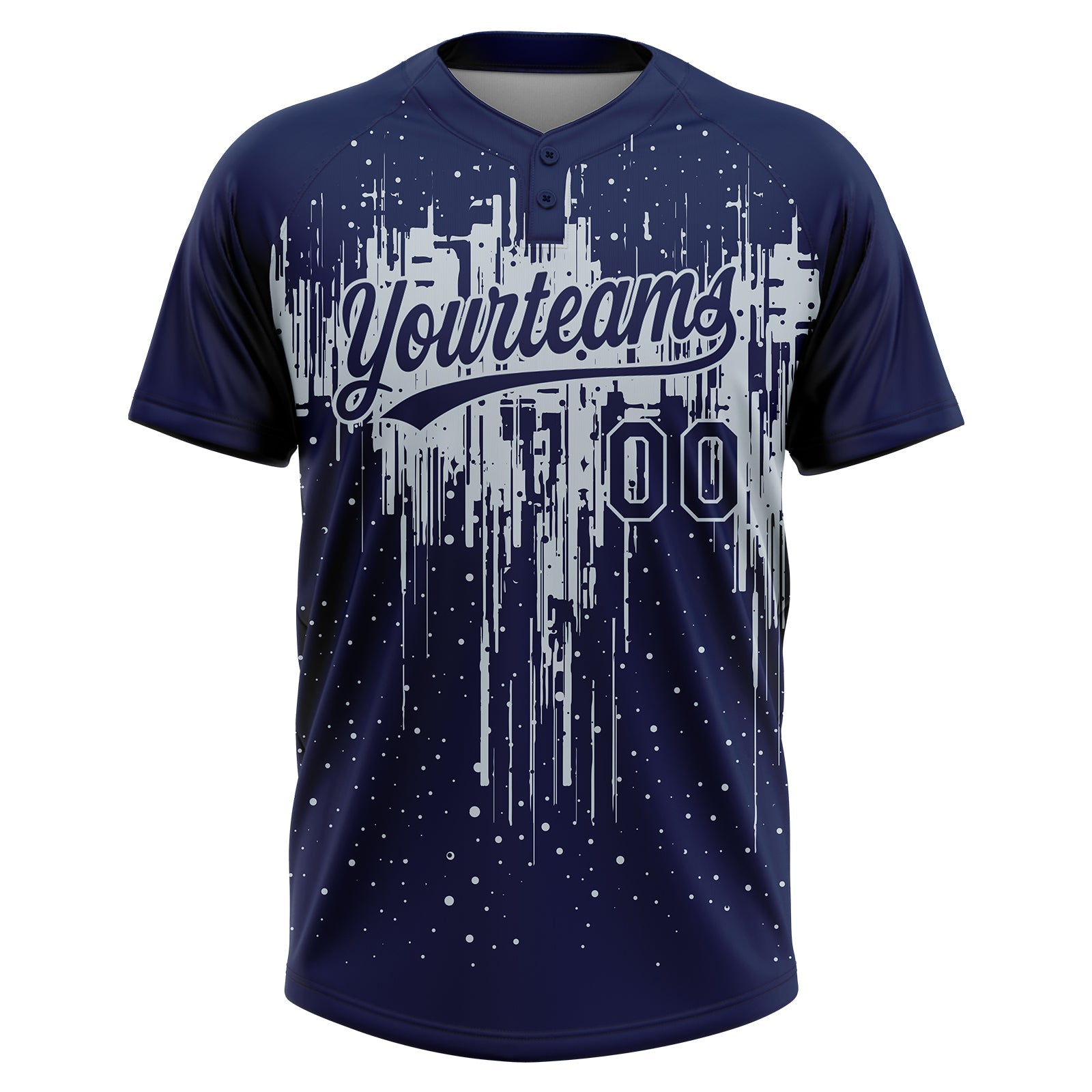 Custom Navy Silver Dripping Splatter Paint Two-Button Unisex Softball Jersey view 2