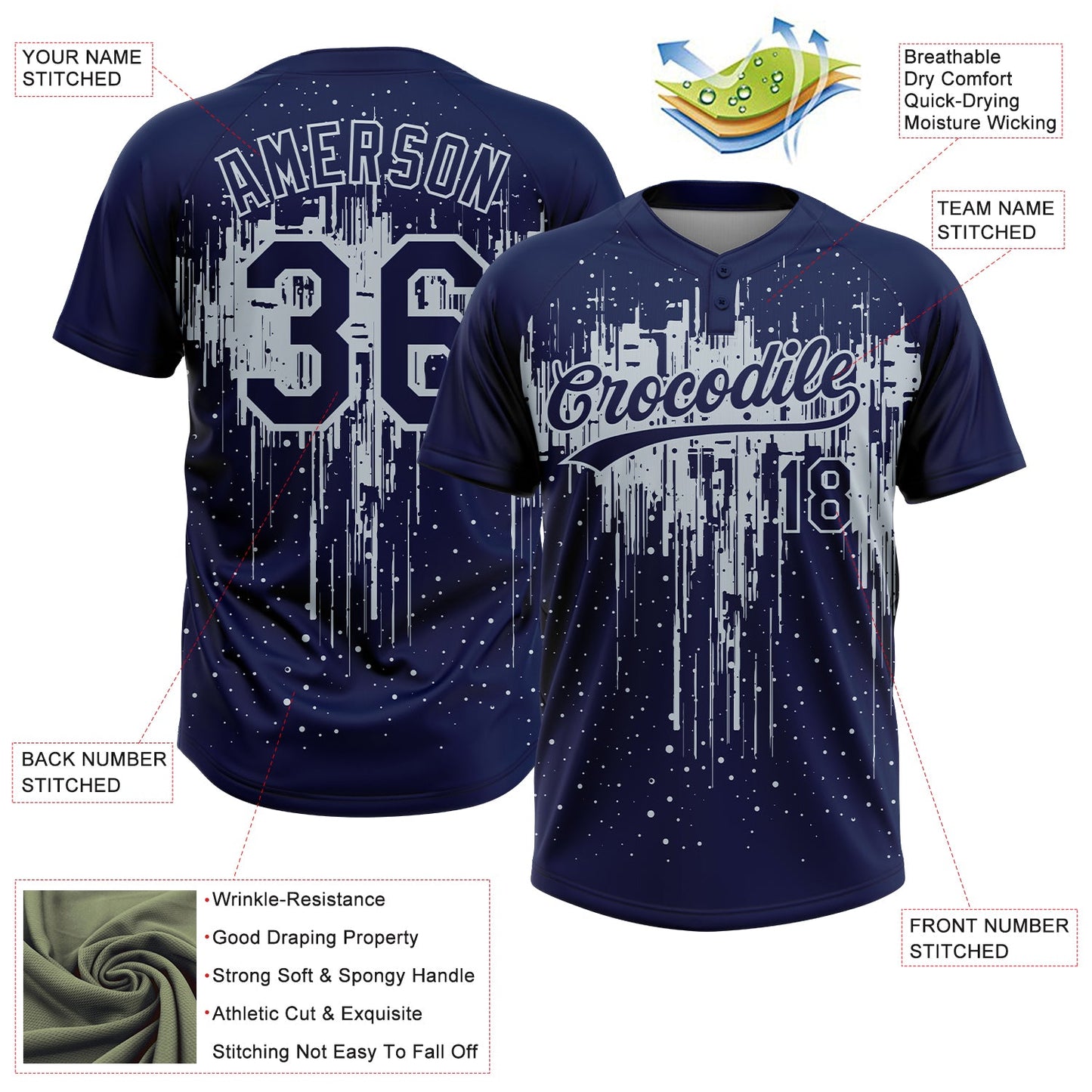 Custom Navy Silver Dripping Splatter Paint Two-Button Unisex Softball Jersey view 3