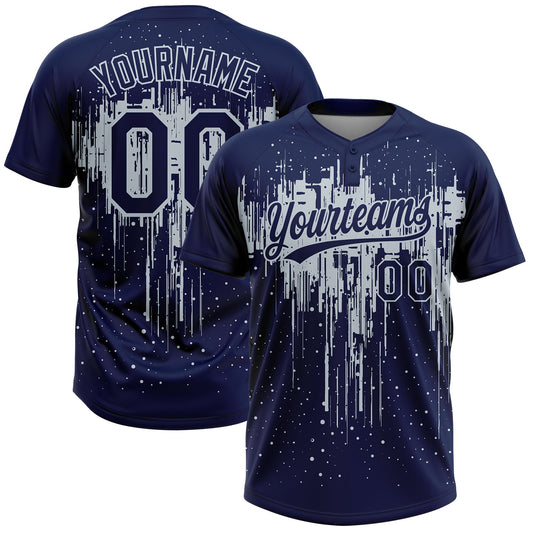 Custom Navy Silver Dripping Splatter Paint Two-Button Unisex Softball Jersey - Main View