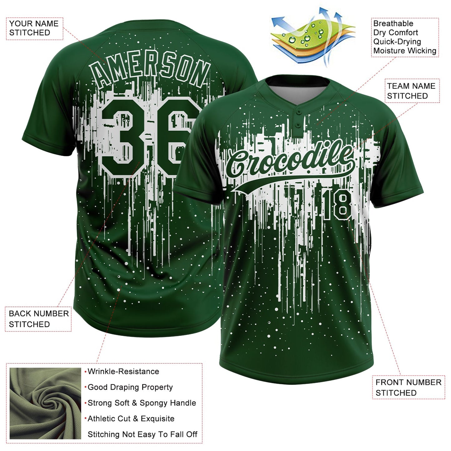 Custom Green White Dripping Splatter Paint Two-Button Unisex Softball Jersey view 3