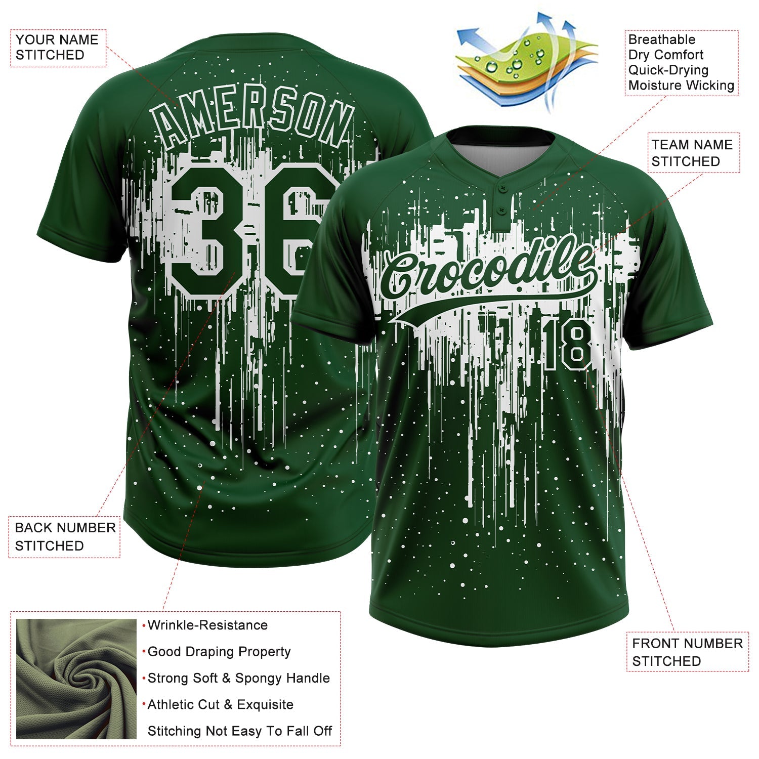 Custom Green White Dripping Splatter Paint Two-Button Unisex Softball Jersey view 3
