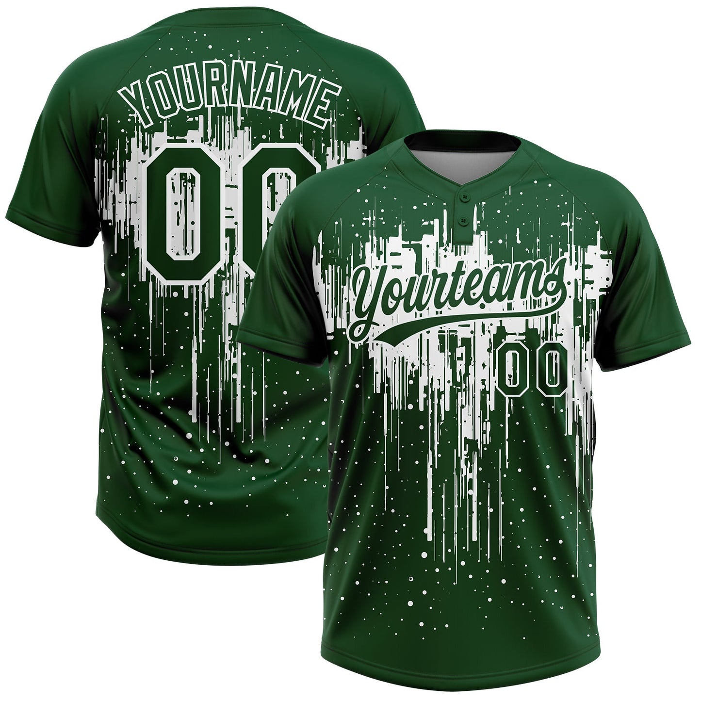 Custom Green White Dripping Splatter Paint Two-Button Unisex Softball Jersey - Main View