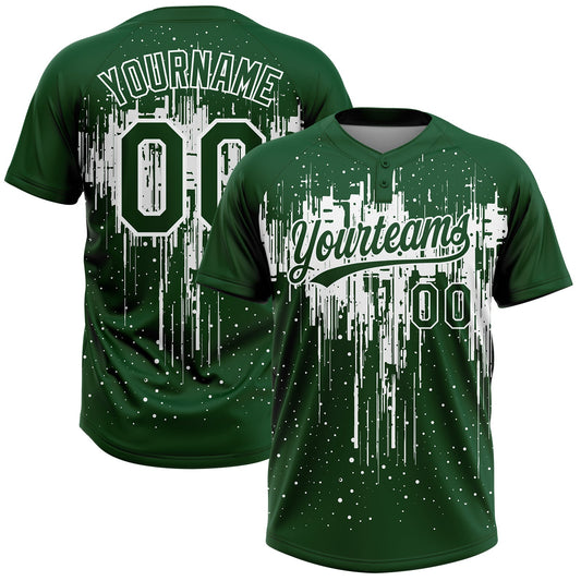 Custom Green White Dripping Splatter Paint Two-Button Unisex Softball Jersey - Main View