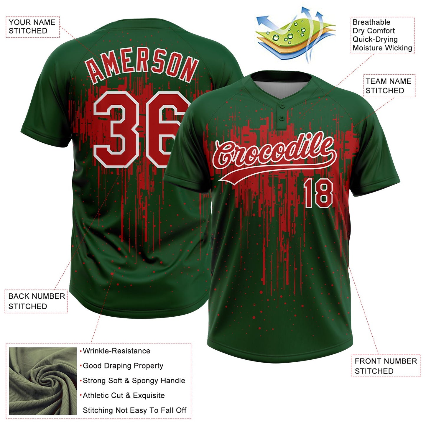 Custom Green Red-White Dripping Splatter Paint Two-Button Unisex Softball Jersey view 3
