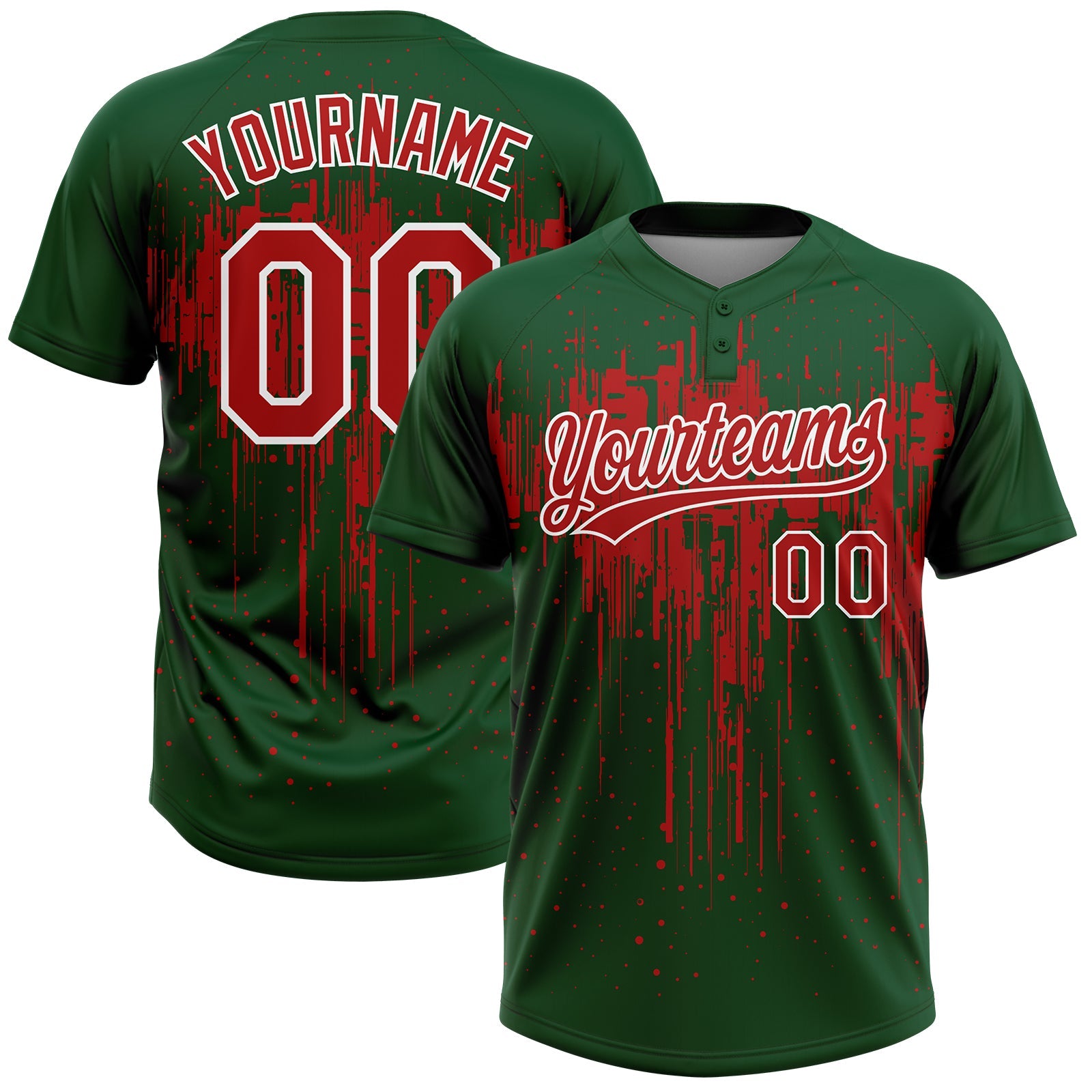 Custom Green Red-White Dripping Splatter Paint Two-Button Unisex Softball Jersey - Main View