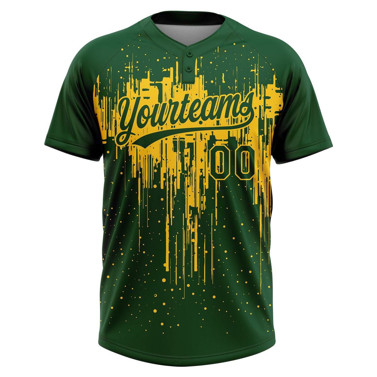 Custom Green Yellow Dripping Splatter Paint Two-Button Unisex Softball Jersey view 2