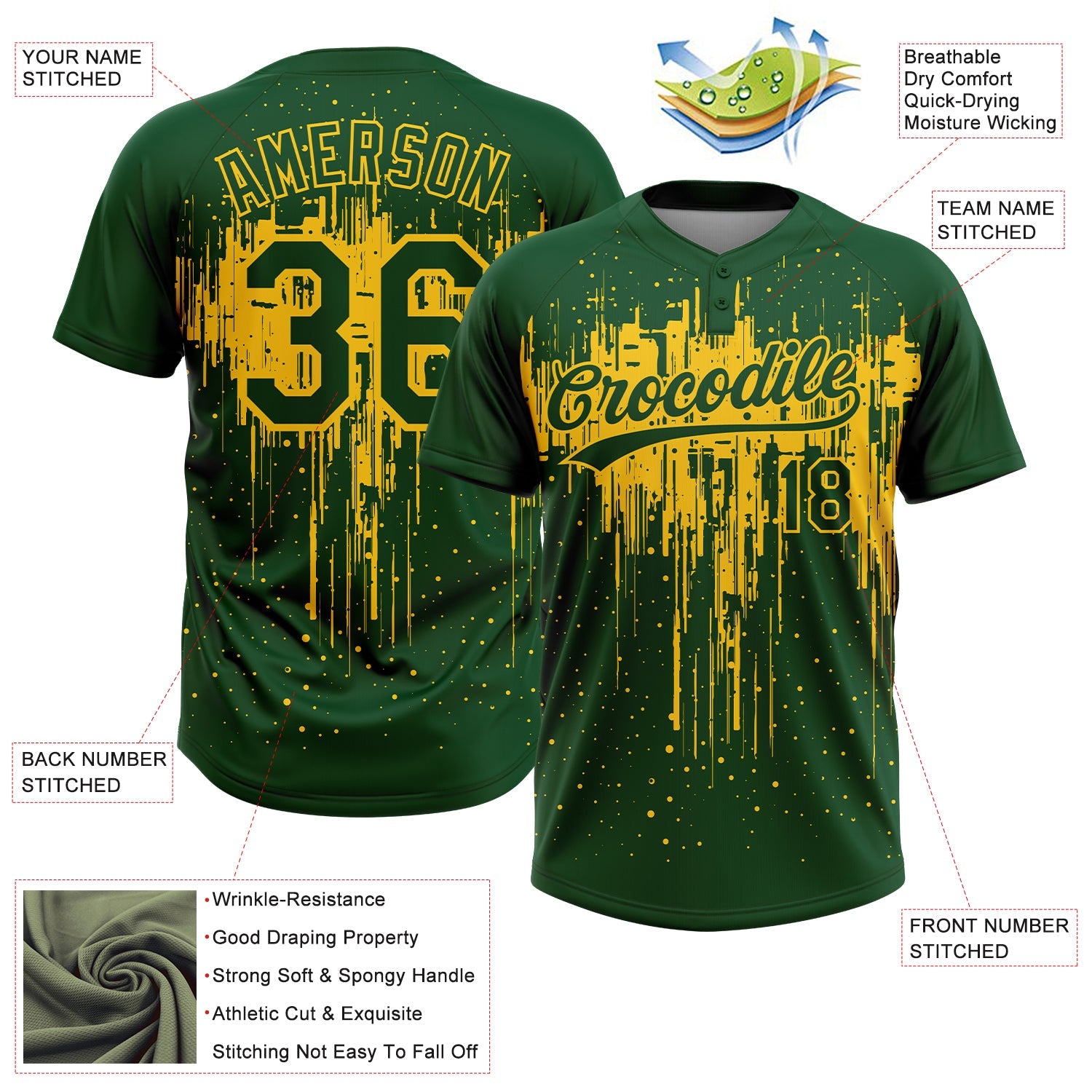 Custom Green Yellow Dripping Splatter Paint Two-Button Unisex Softball Jersey view 3