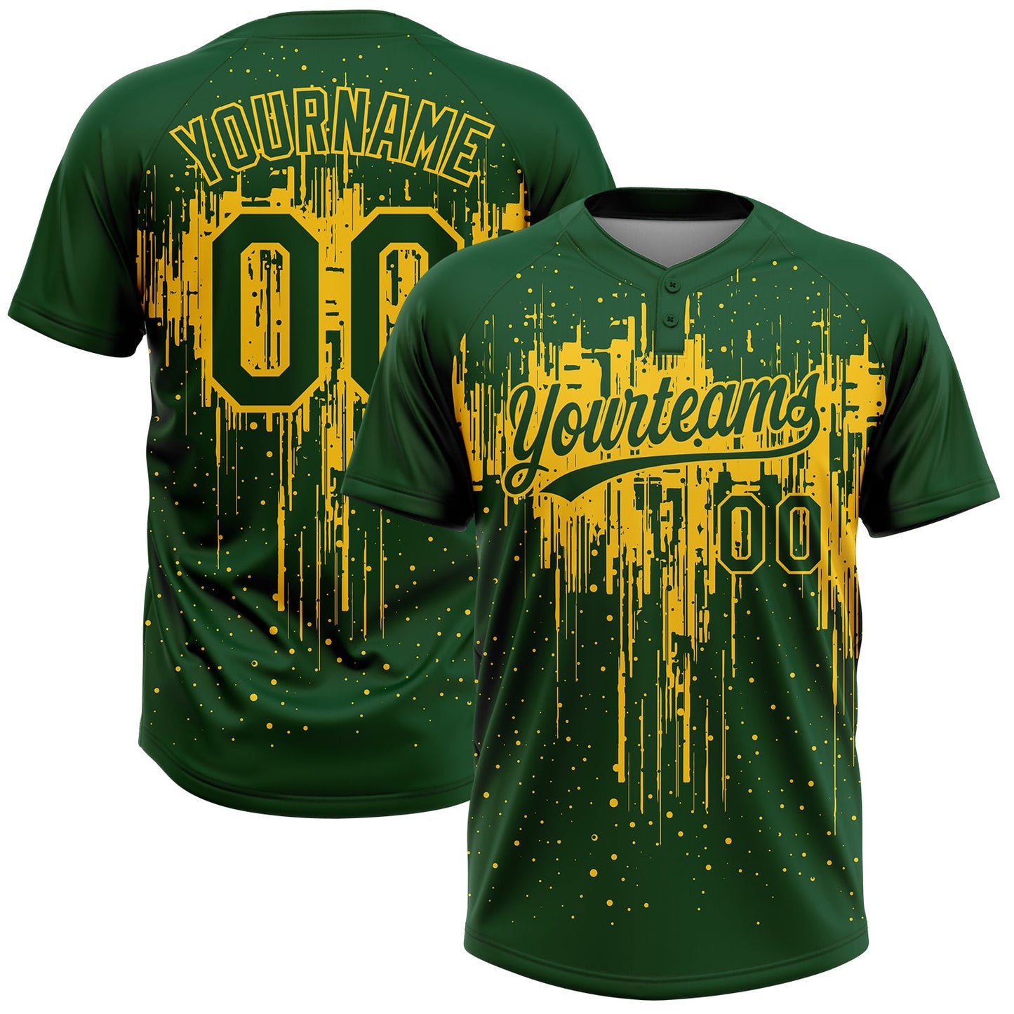 Custom Green Yellow Dripping Splatter Paint Two-Button Unisex Softball Jersey - Main View