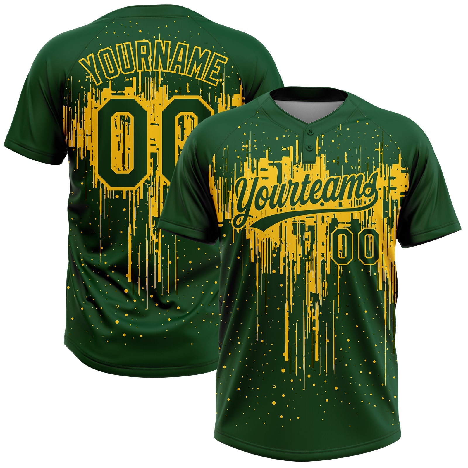 Custom Green Yellow Dripping Splatter Paint Two-Button Unisex Softball Jersey - Main View