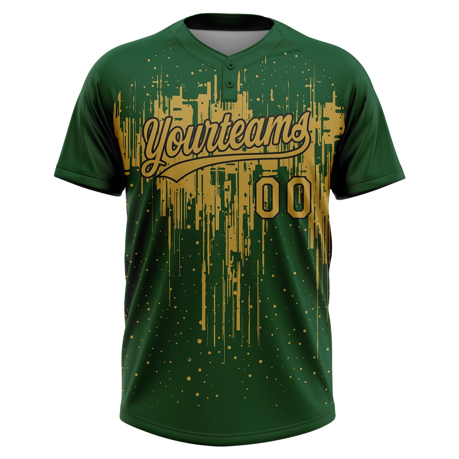 Custom Green Old Gold-Black Dripping Splatter Paint Two-Button Unisex Softball Jersey view 2