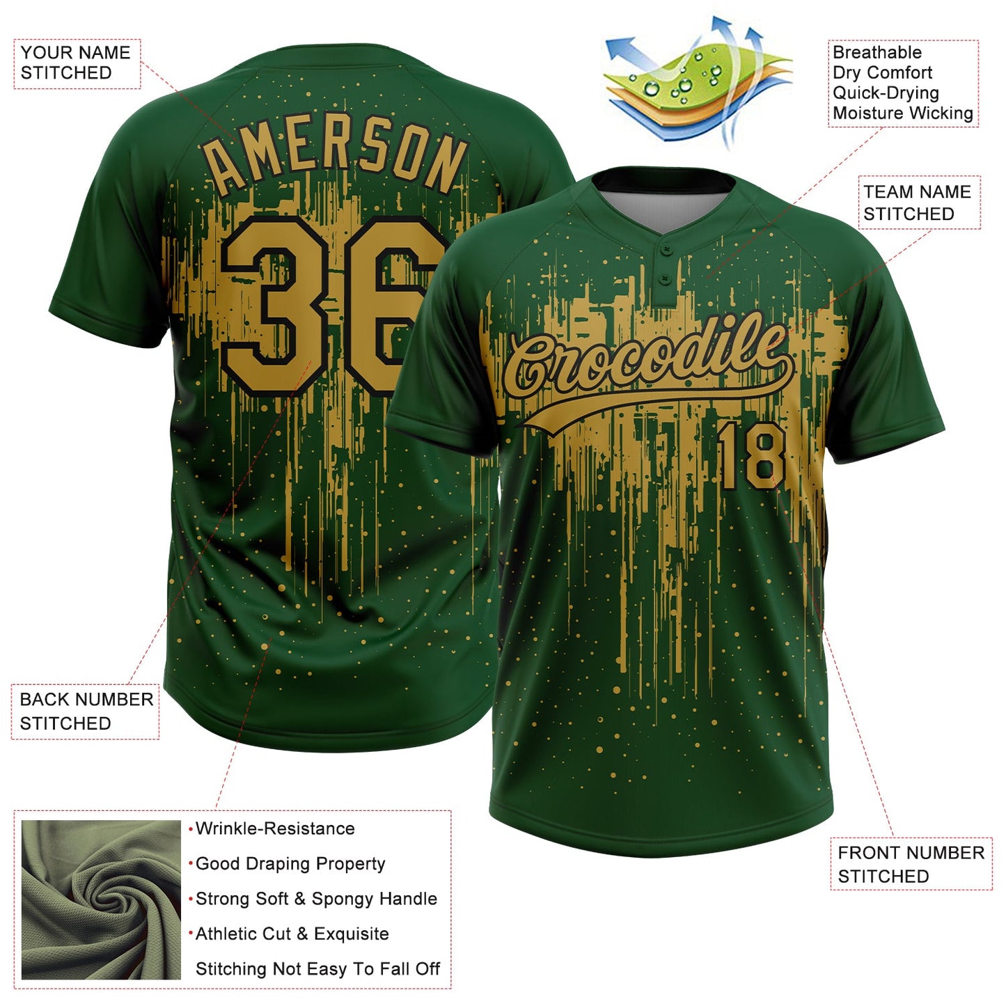 Custom Green Old Gold-Black Dripping Splatter Paint Two-Button Unisex Softball Jersey view 3