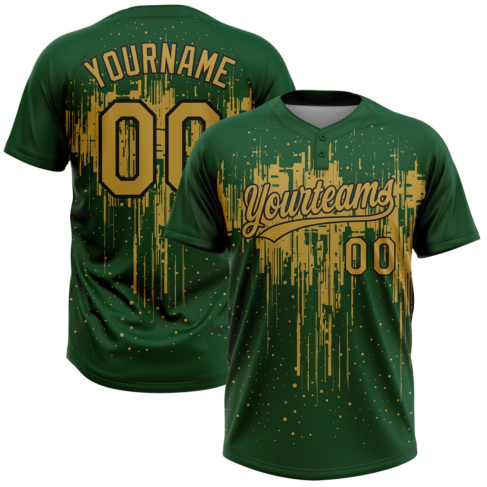 Custom Green Old Gold-Black Dripping Splatter Paint Two-Button Unisex Softball Jersey - Main View