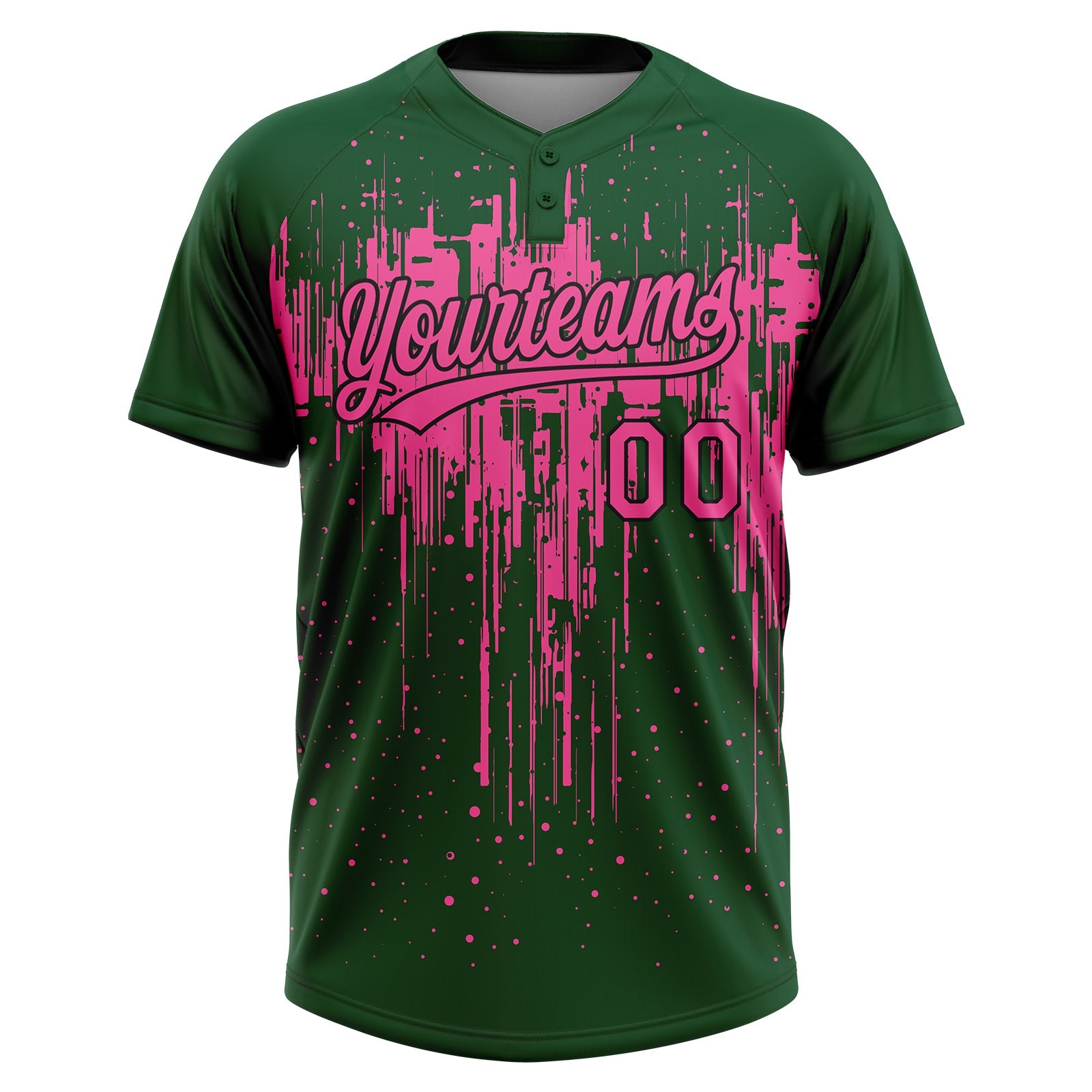 Custom Green Pink-Black Dripping Splatter Paint Two-Button Unisex Softball Jersey view 2