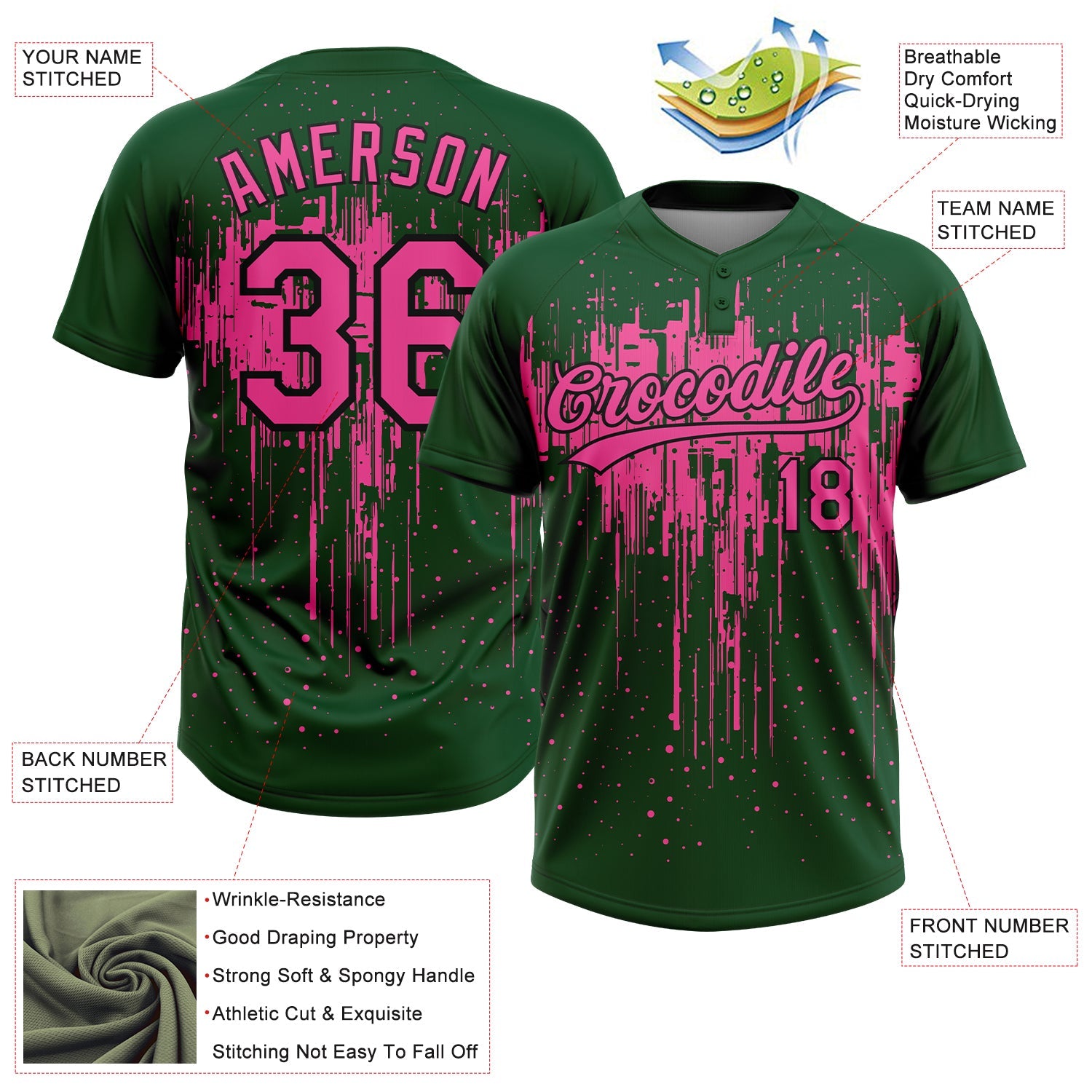 Custom Green Pink-Black Dripping Splatter Paint Two-Button Unisex Softball Jersey view 3