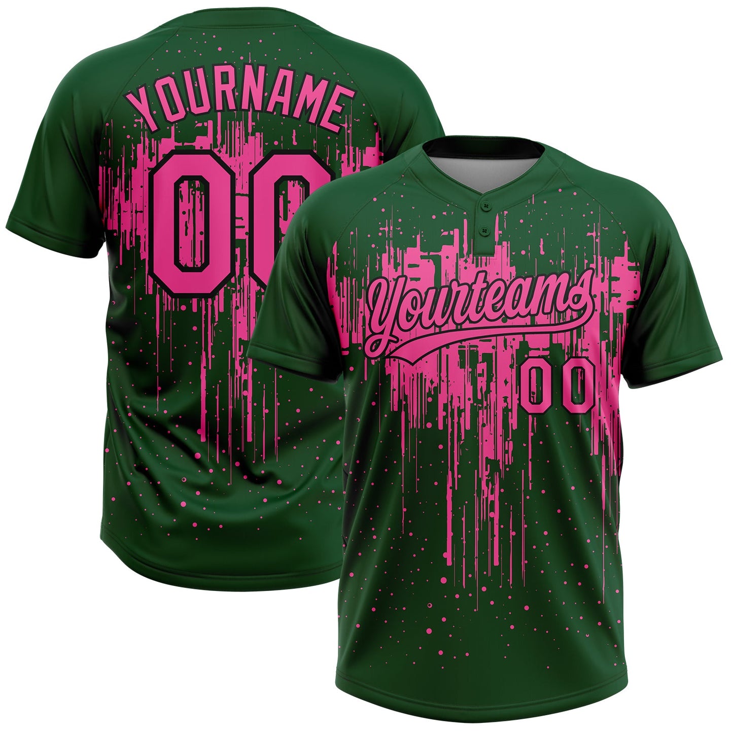 Custom Green Pink-Black Dripping Splatter Paint Two-Button Unisex Softball Jersey - Main View
