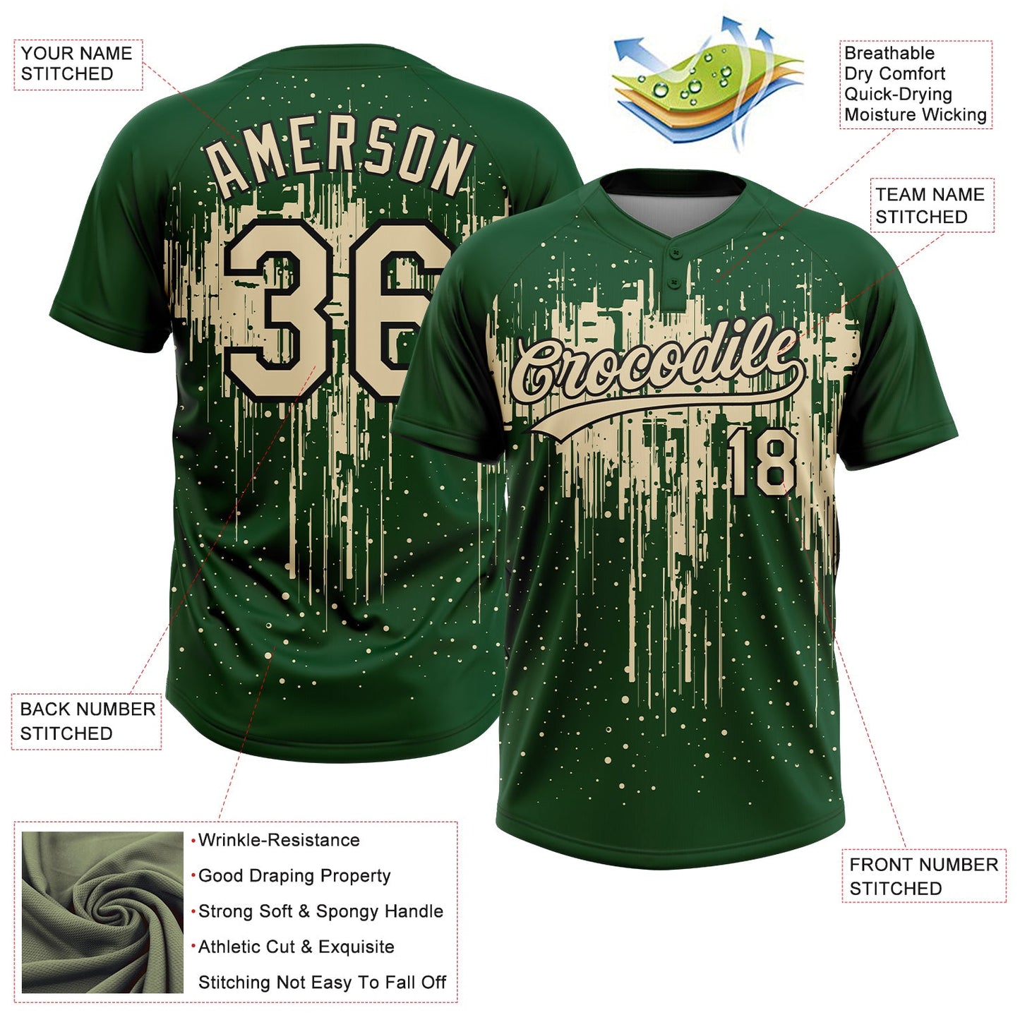 Custom Green Cream-Black Dripping Splatter Paint Two-Button Unisex Softball Jersey view 3