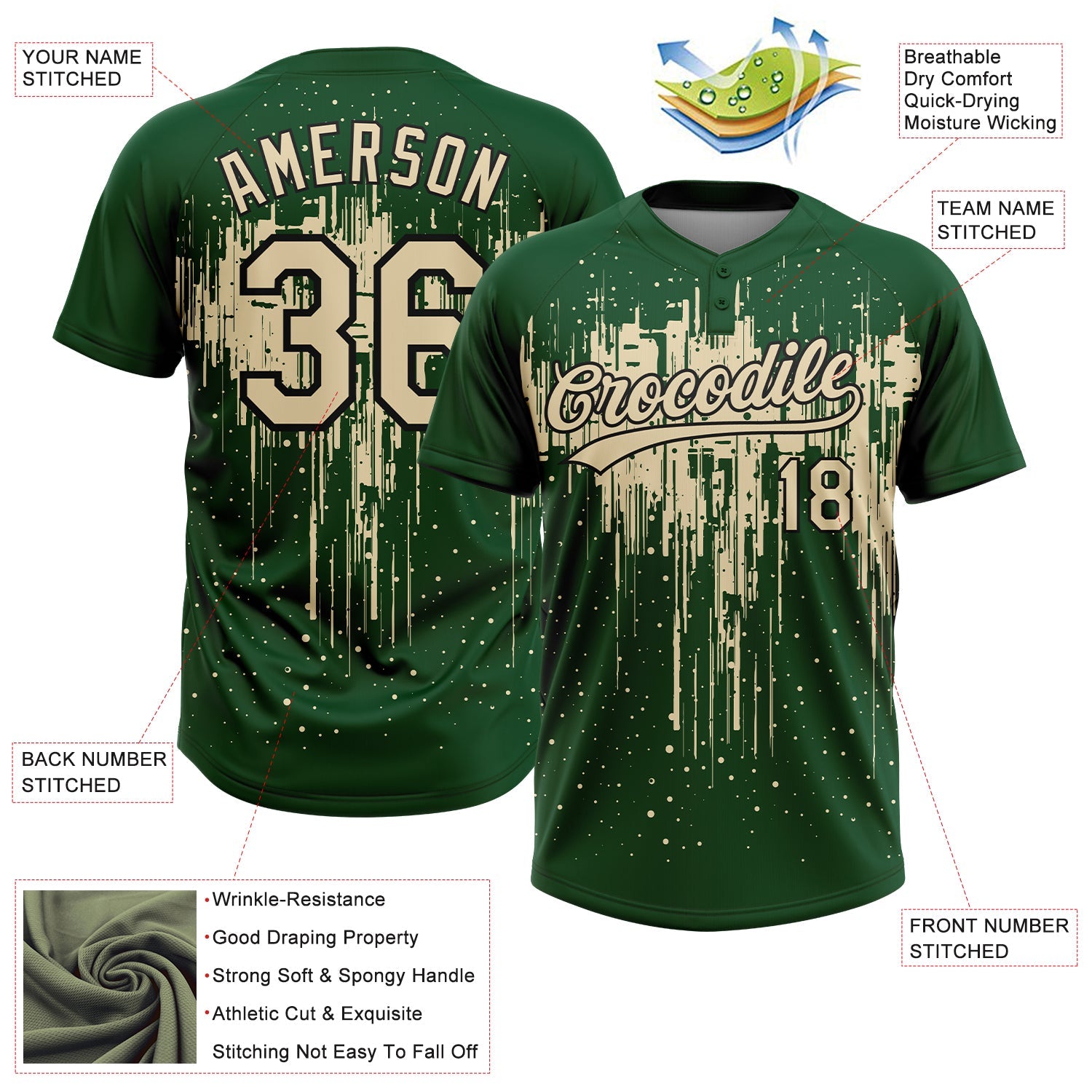 Custom Green Cream-Black Dripping Splatter Paint Two-Button Unisex Softball Jersey view 3