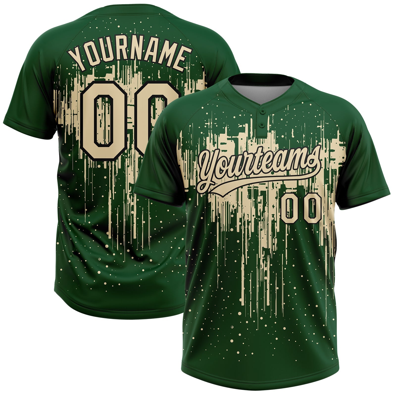 Custom Green Cream-Black Dripping Splatter Paint Two-Button Unisex Softball Jersey - Main View