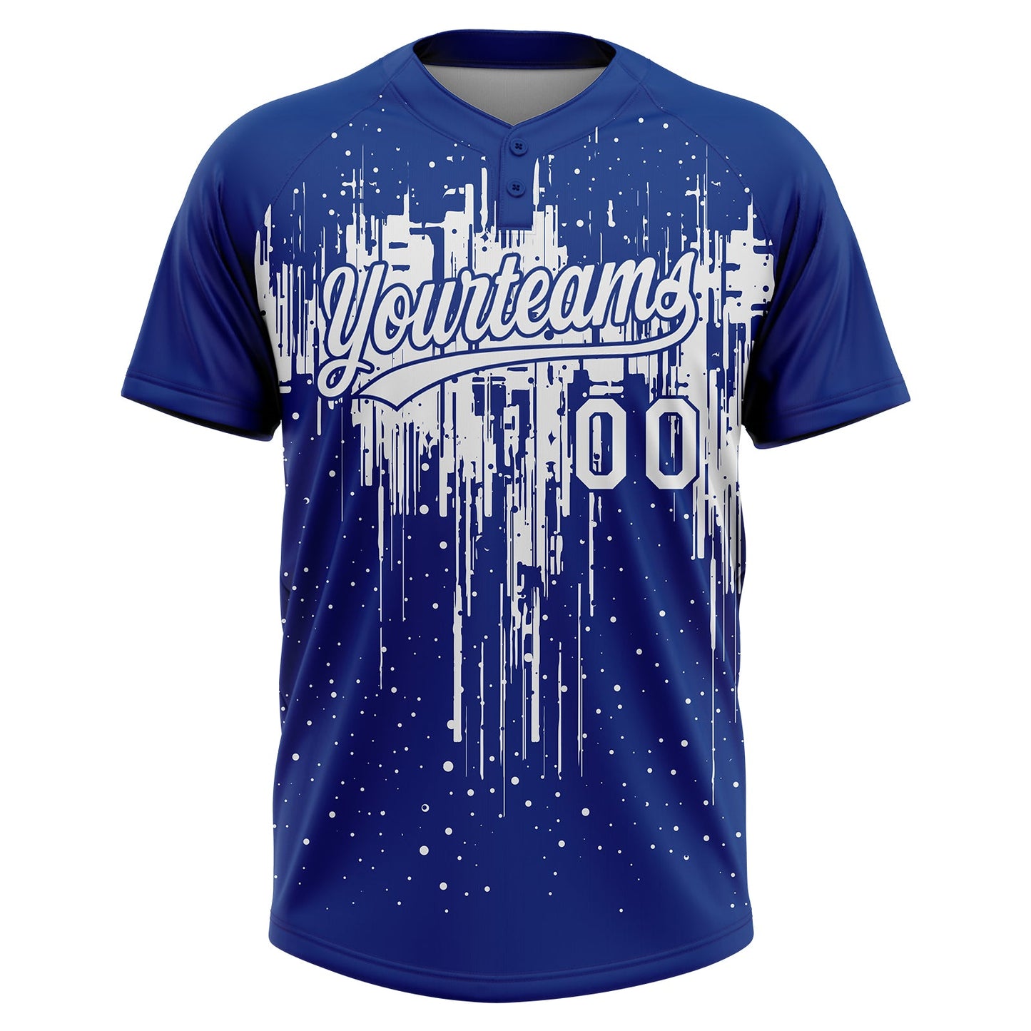 Custom Royal White Dripping Splatter Paint Two-Button Unisex Softball Jersey view 2
