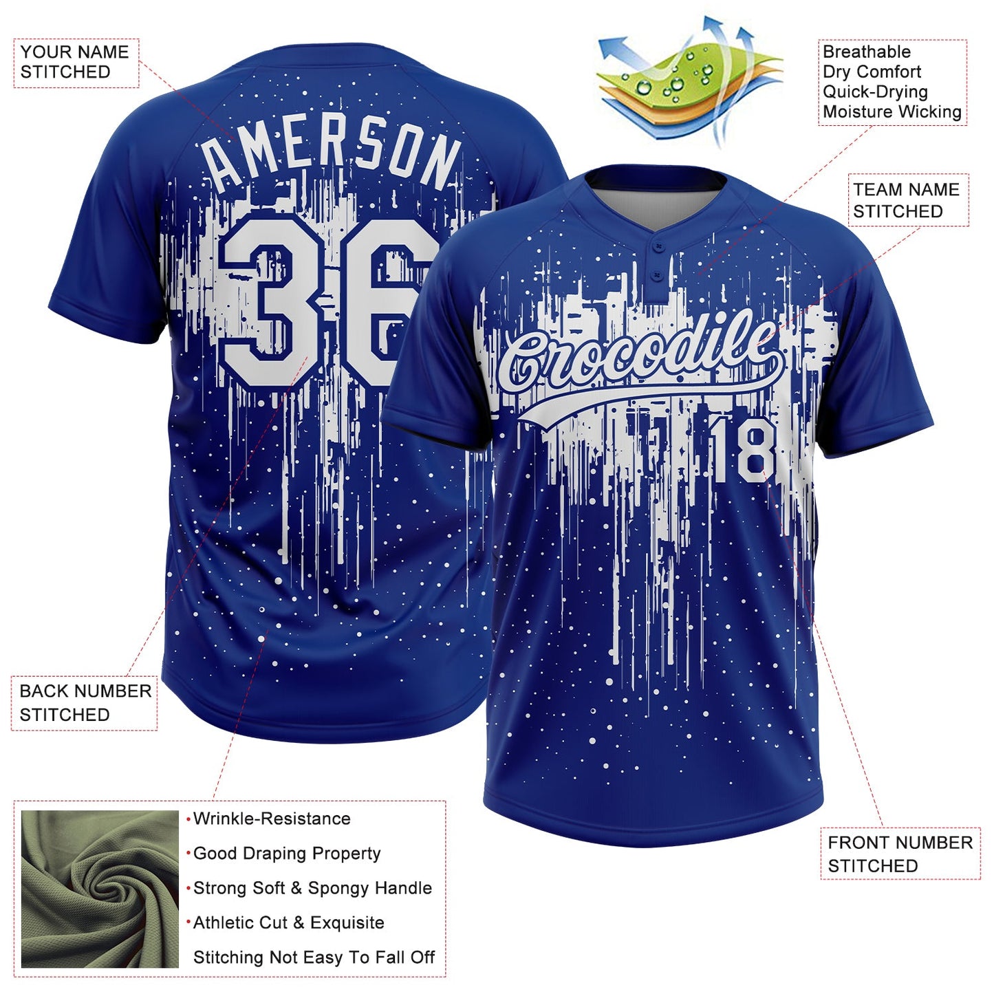 Custom Royal White Dripping Splatter Paint Two-Button Unisex Softball Jersey view 3
