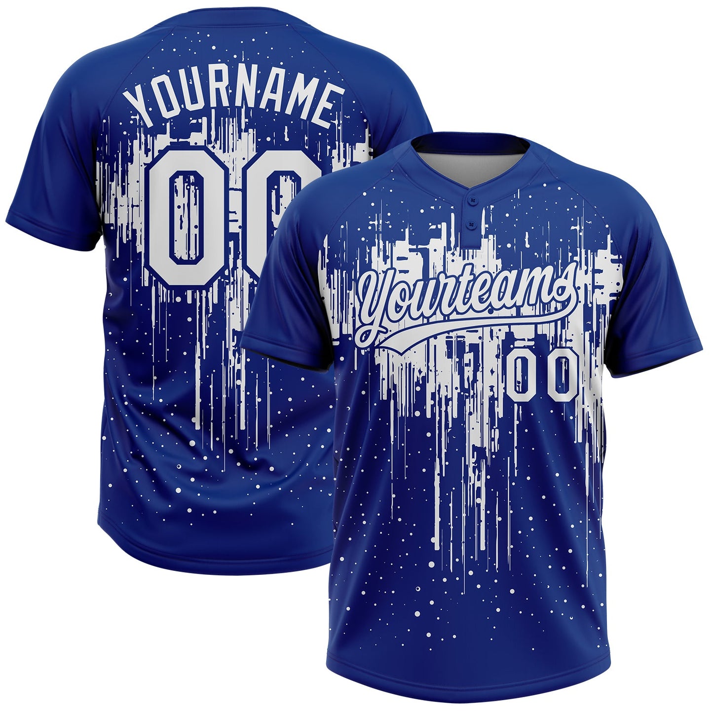 Custom Royal White Dripping Splatter Paint Two-Button Unisex Softball Jersey - Main View