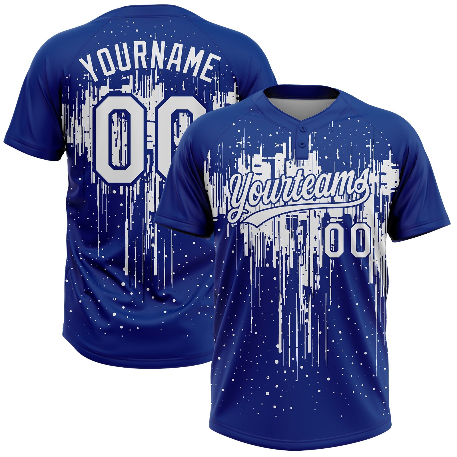 Custom Royal White Dripping Splatter Paint Two-Button Unisex Softball Jersey - Main View