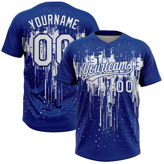 Custom Royal White Dripping Splatter Paint Two-Button Unisex Softball Jersey - Main View